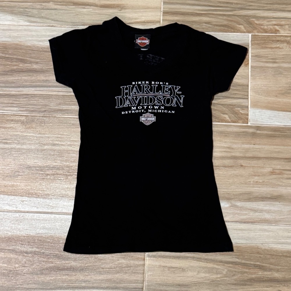 Harley-Davidson Motown Detroit Biker Bobs V-Neck Graphic T-Shirt Black Small